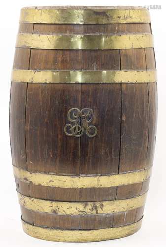 A brass bound coopered oak barrel, first half 20th century, ...