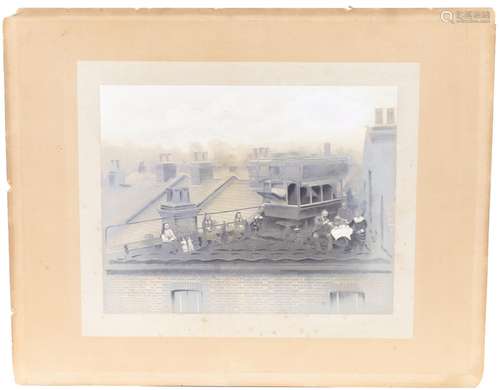 An Edwardian gelatin silver print of a family enjoying a roo...