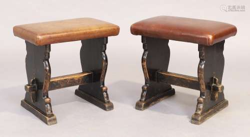 A pair of ebonised oak stools, mid 20th Century, with tan le...