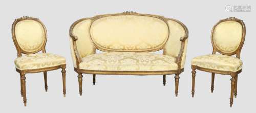 A French giltwood sofa and a pair of matching side chairs, L...