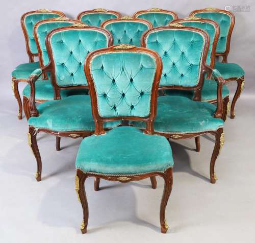 A set of ten French stained beechwood dining chairs, 20th ce...