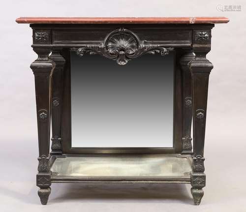 A French ebonised console table, 19th century, red marble to...