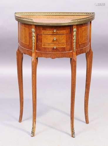 A French walnut demi lune side table, Louis XV style, 20th c...