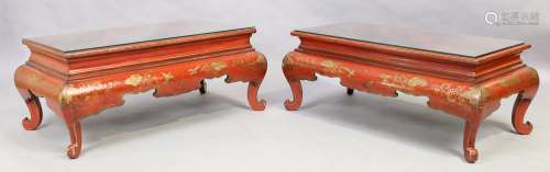 A pair of modern red chinoiserie low tables, 44cm high, 107c...