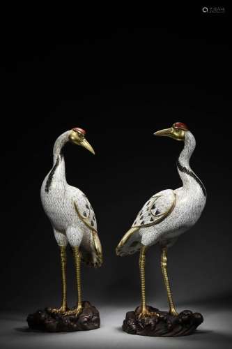 A PAIR OF QING ENAMEL CRANES