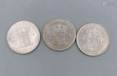 THREE SILVER COINS NETHERLANDS 2 1/2 GUILDERS