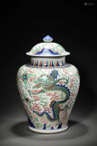 A QING KANGXI PERIOD BLUE AND WHITE 'DRAGON' JAR