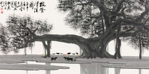 杜应强（b.1939） 2002年作 榕荫清溪图 纸本水墨镜心