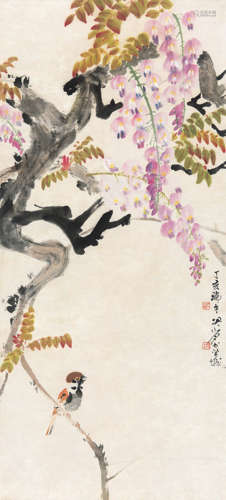 关山月（1912-2000） 1947年作 花鸟 纸本设色立轴