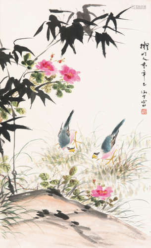 何涵宇（1910-2003） 2001年作 花鸟 纸本设色立轴