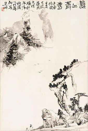 梁崎（1909-1996） 1981年作 秋山萧寺（指画） 纸本水墨立轴