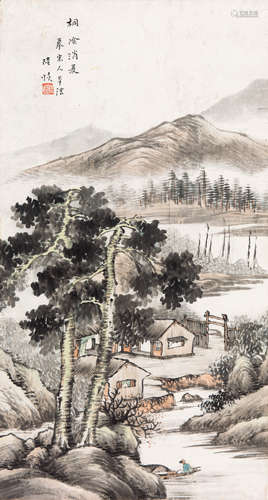 陆恢（1851-1920）  桐荫消夏 纸本设色立轴