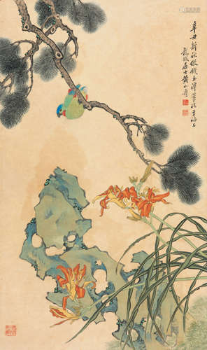 黄山寿（1855-1919） 1901年作 花鸟 纸本设色立轴