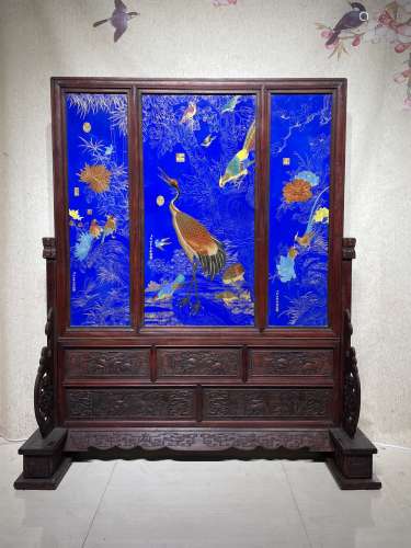 红木镶瓷板画珐琅掐丝花鸟插屏
