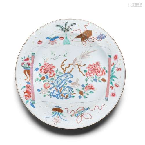 A LARGE SLIP-DECORATED AND FAMILLE-ROSE 'BIRD AND FLOWER' CH...
