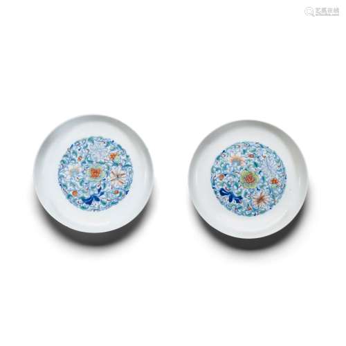 TWO DOUCAI 'FLORAL' DISHES Yongzheng marks, Qing dynasty  (2...