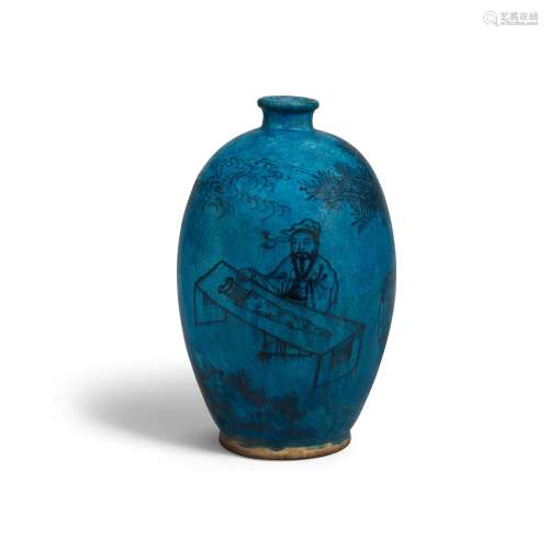 A CIZHOU TURQUOISE-GLAZED 'FIGURAL' VASE, MEIPING  Ming dyna...