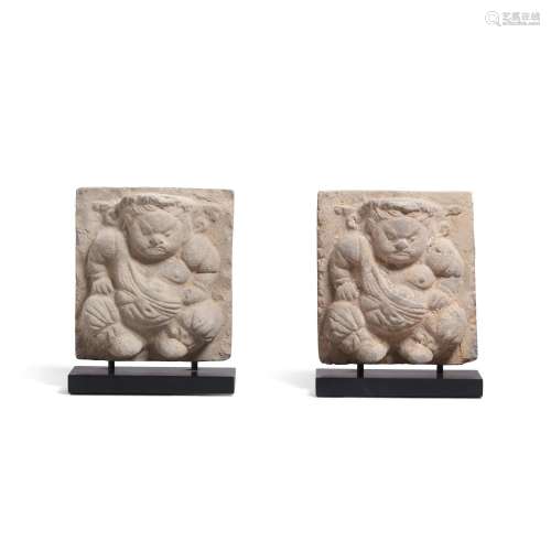 TWO MOLDED GRAY POTTERY 'GUARDIAN' TILES Yuan dynasty (2)