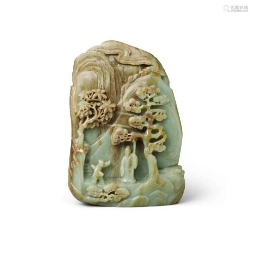 A LARGE CELADON AND BROWN JADE BOULDER  20th century