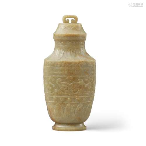 A CELADON JADE ARCHAISTIC FLATTENED BALUSTER VASE AND COVER ...