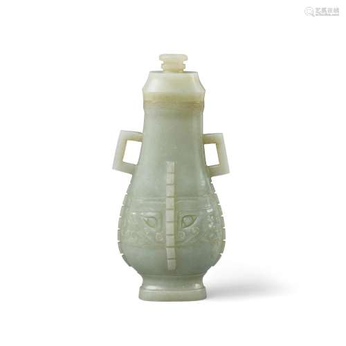 A CELADON JADE ARCHAISTIC FLATTENED HU-FORM VASE AND COVER L...