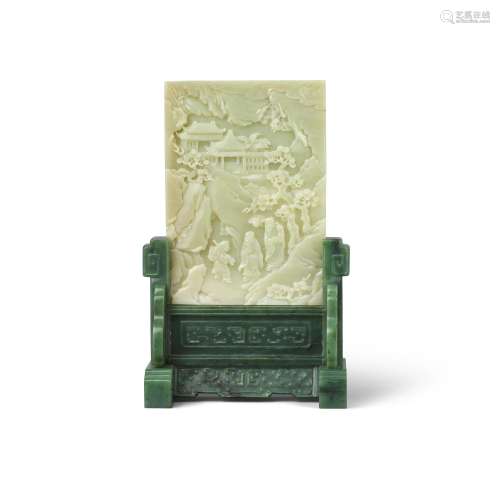 A PALE CELADON JADE 'IMMORTALS' TABLE SCREEN AND SPINACH-GRE...
