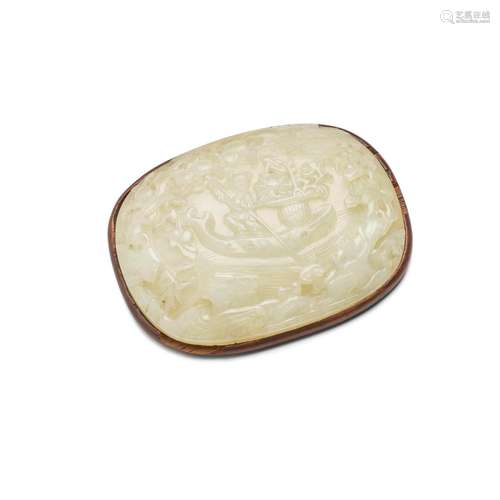 AN OVAL PALE CELADON JADE PLAQUE Republic period - 20th cent...