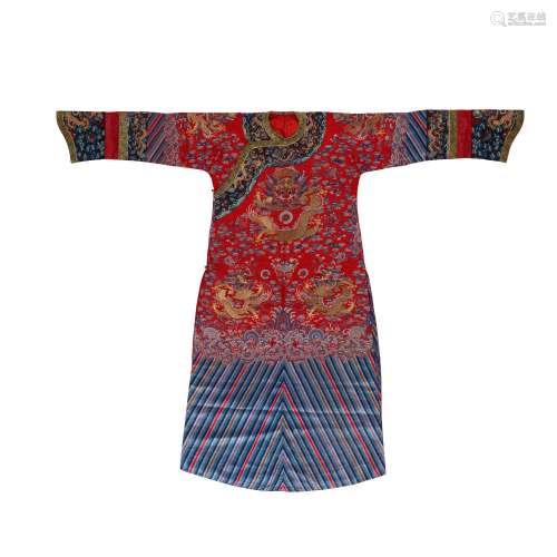 A RED-GROUND EMBROIDERED SILK GAUZE 'DRAGON' SUMMER ROBE Sec...