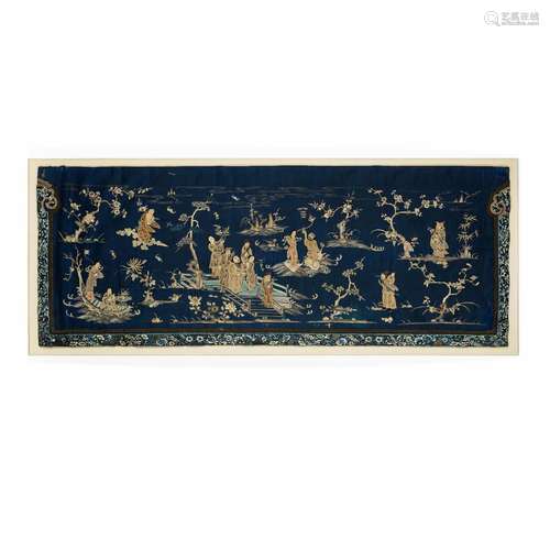 A LARGE DARK-BLUE-GROUND EMBROIDERED SILK 'IMMORTALS' PANEL ...