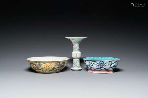 Two Chinese famille rose 'dragon' bowls and a vase with flor...