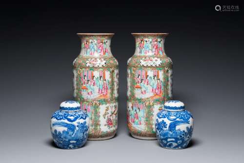 A pair of Chinese Canton famille rose vases and a pair of bl...
