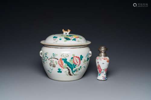 A Chinese silver-mounted famille rose vase and a covered bow...