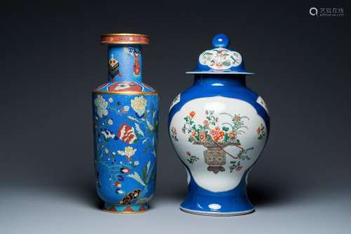A Chinese famille verte powder-blue-ground vase and a cloiso...