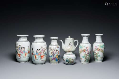 Six Chinese famille rose vases and a covered teapot, 20th C.