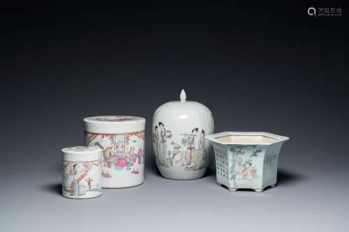 Four Chinese famille rose and qianjiang cai porcelain wares,...