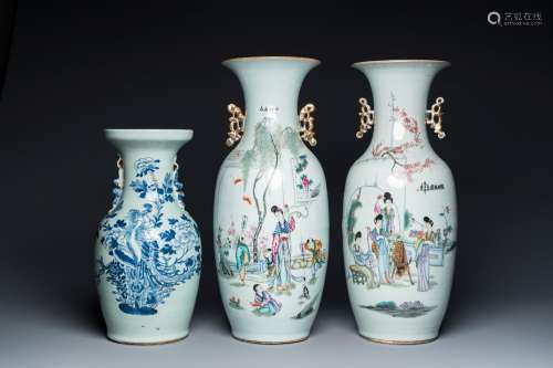 Two Chinese famille rose vases and a blue and white celadon ...