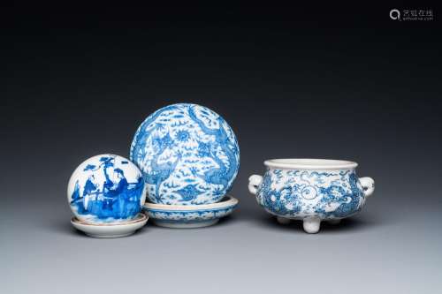 Two Chinese blue and white seal paste boxes and a tripod cen...