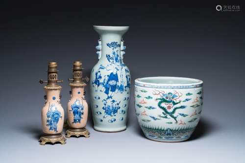 A Chinese blue and white celadon-ground vase, a pair of Nank...