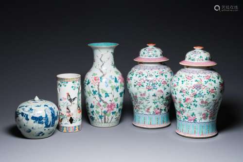 Three Chinese famille rose vases, a hat stand and a blue and...