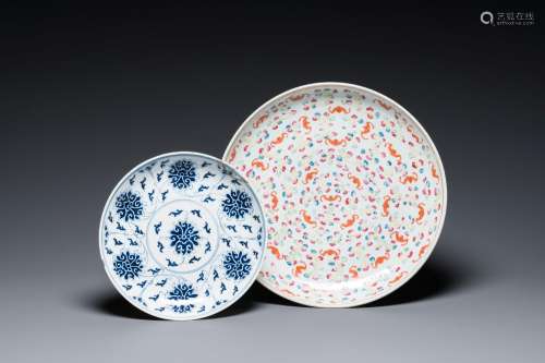A Chinese famille rose '100 bats' dish and a blue and white ...