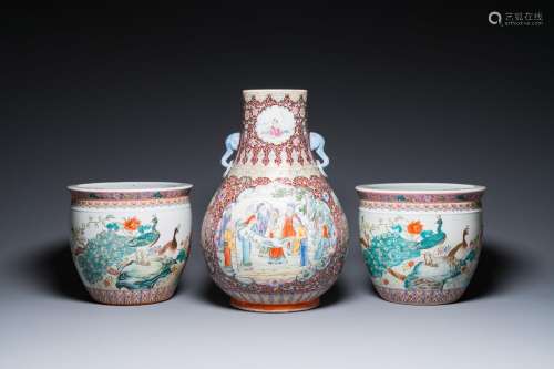 A Chinese famille rose 'hu vase' and a pair of fish bowls, 2...