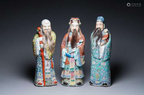 Three Chinese famille rose figures of star gods, Zhu Rong Ji...
