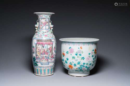 A Chinese famille rose jardinière and a vase, 19th C.