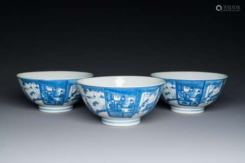 Three Chinese blue and white bowls with figurative design, X...