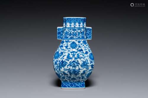 A Chinese blue and white 'fanghu' vase with lotus scrolls, Q...