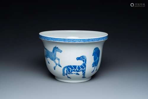 A Chinese blue and white 'Eight horses of Mu Wang' jardinièr...