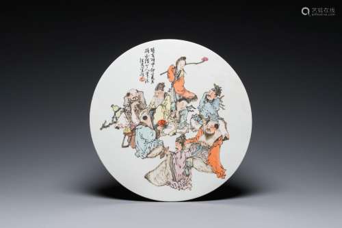A round Chinese qianjiang cai plaque, signed Wang You Tang 汪...