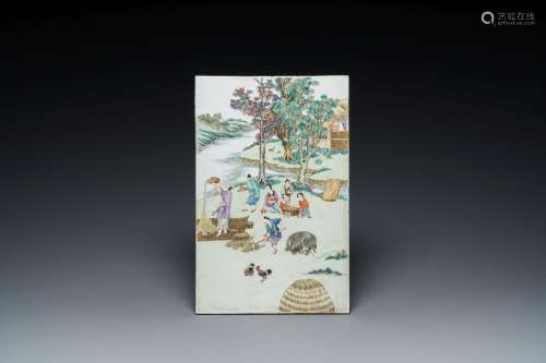 A Chinese famille rose ‘rice production’ plaque, 19th C.