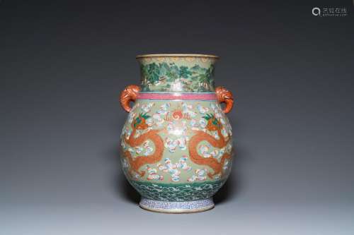 A large Chinese celadon-ground famille rose 'hu' vase with d...