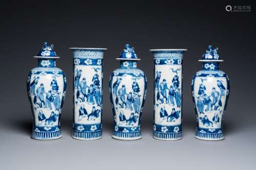A Chinese blue and white five-vase garniture, Kangxi mark, 1...